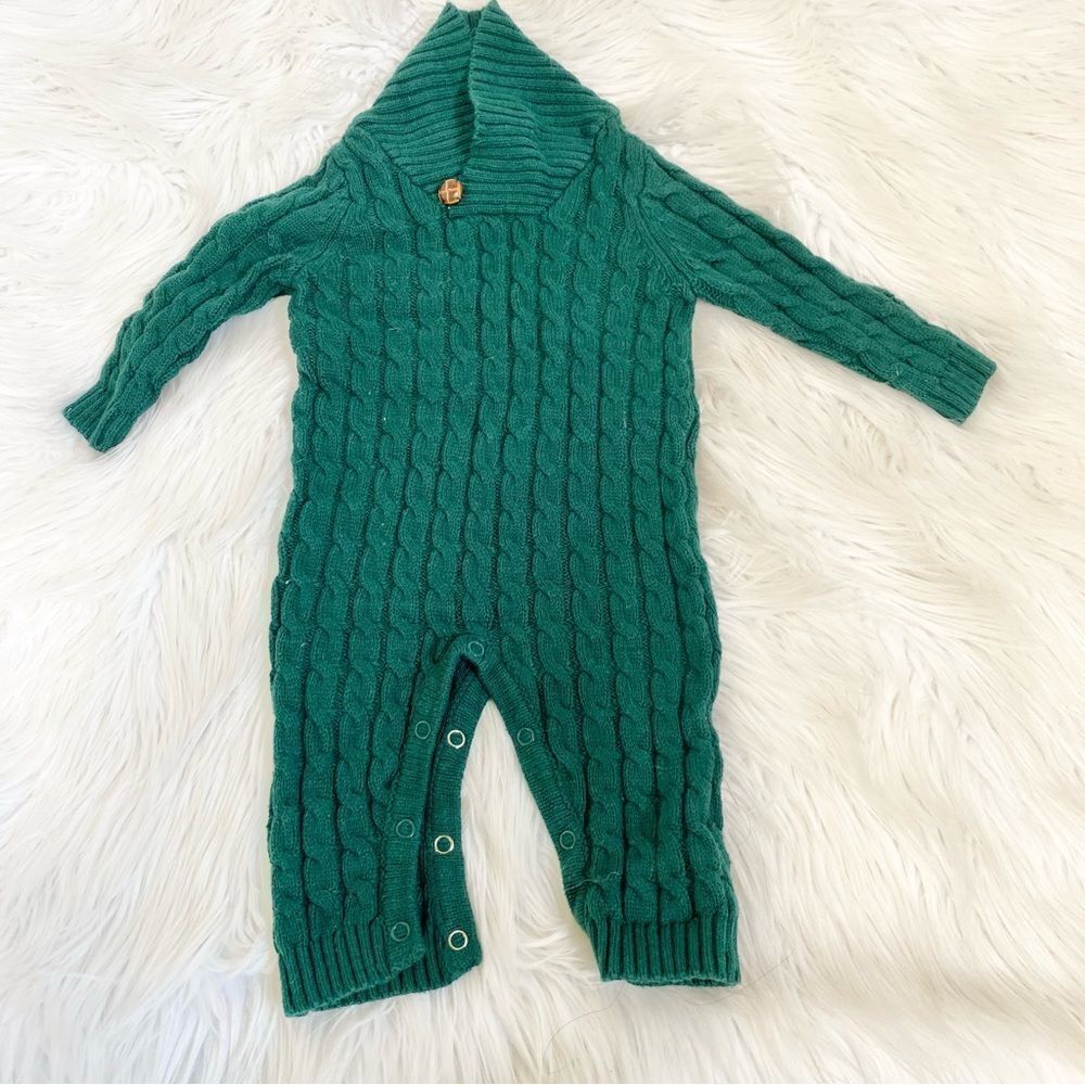 Tahari Green Cable Knit Long Sleeve One-Piece Romper Onzie  3-6M